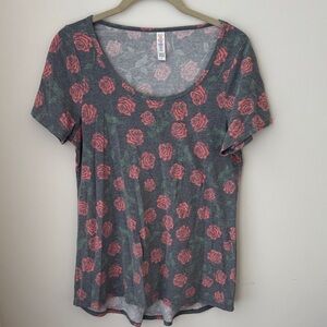 LuLaRoe Gray and Pink Rose Print Short Sleeve Top